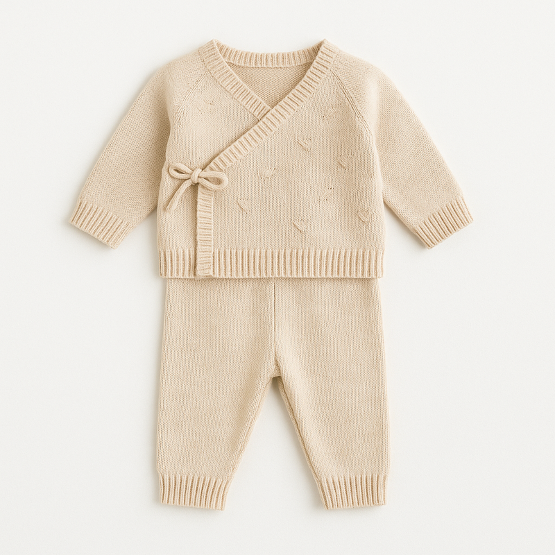 Conjunto de Malha Bege(inverno) para Bebé | 2 Peças Suaves para Recém-Nascido e 1–3 Meses