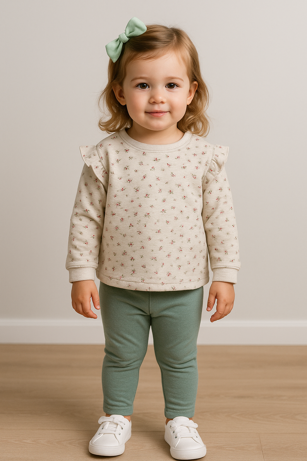 👧 Conjunto Menina Outono-Inverno – Sweatshirt Bege Floral + Leggings Verde