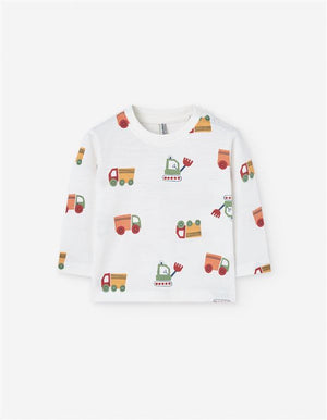 Camisola de Algodão Bebé Menino | Estampado Camiões e Escavadoras - Molas no Ombro
