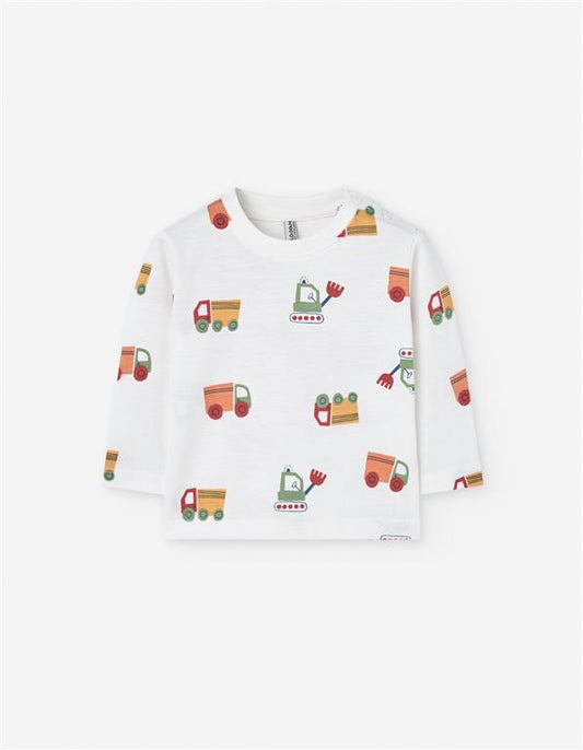 Camisola de Algodão Bebé Menino | Estampado Camiões e Escavadoras - Molas no Ombro