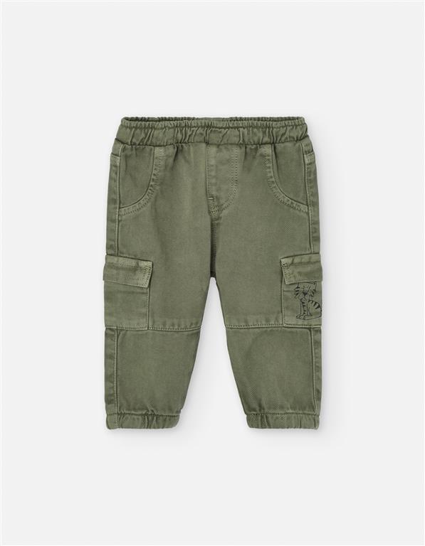 Calças de Bolsos Laterais para Bebé | Verde Militar, Algodão e Cintura Ajustável