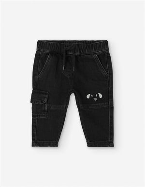 👖 Calças Cargo Pretas com Detalhe de Cão – Menino 6–36 meses