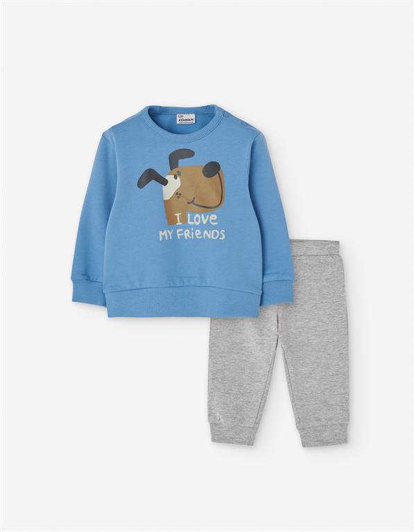 Conjunto de Felpa Azul com Cão – “I Love My Friends”