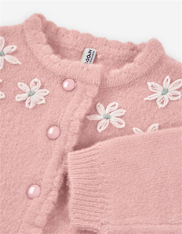🧶 Casaco Rosa em Malha com Flores Bordadas