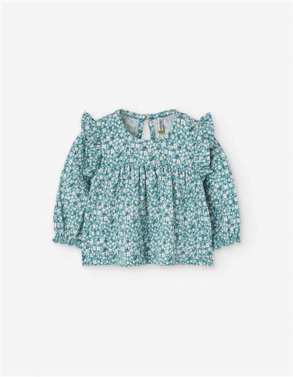Blusa bebé verde com folhos e flores – 100% algodão suave