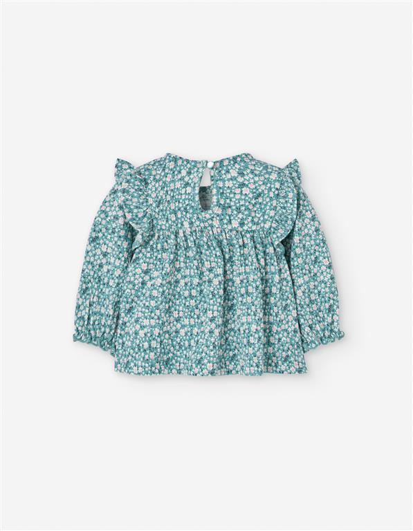 Blusa bebé verde com folhos e flores – 100% algodão suave