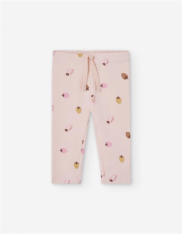 Leggings Caneladas para Bebé Menina Rosa Claro – Estampado Morangos Fofos