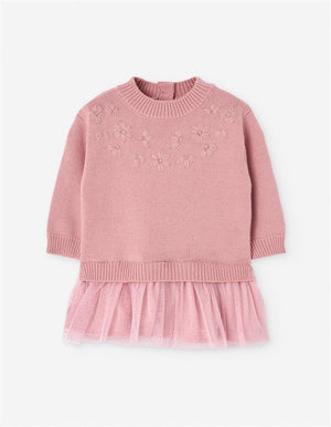 Vestido de Malha e Tule para Bebé Menina Rosa Velho – Bordado Floral