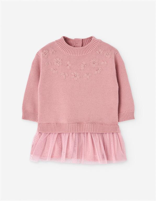 Vestido de Malha e Tule para Bebé Menina Rosa Velho – Bordado Floral