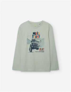 🚙 T-shirt verde de manga comprida com jipe – menino (2 aos 7 anos)