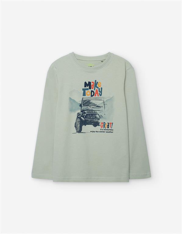 🚙 T-shirt verde de manga comprida com jipe – menino (2 aos 7 anos)