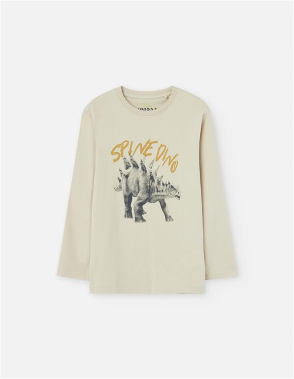 🦖 T-shirt bege de manga comprida com dinossauro – menino (2 aos 7 anos)