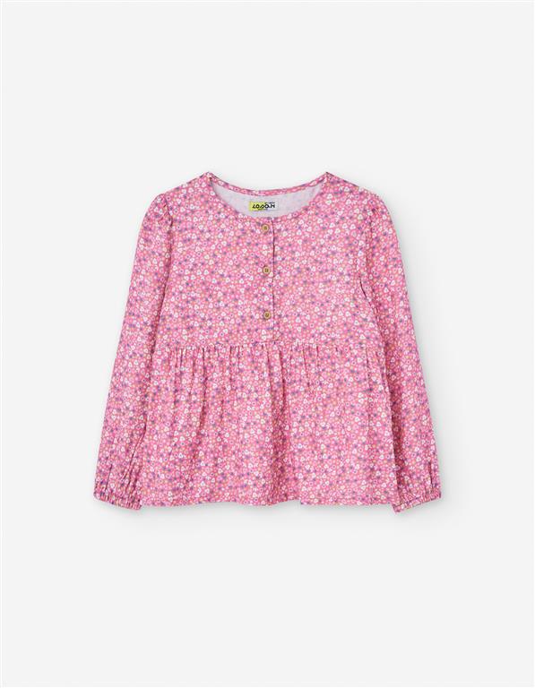 🌷 Blusa rosa com flores e botões – menina (2 aos 7 anos)