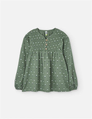 🌿 Blusa verde com flores e frente franzida – menina (2 aos 7 anos)